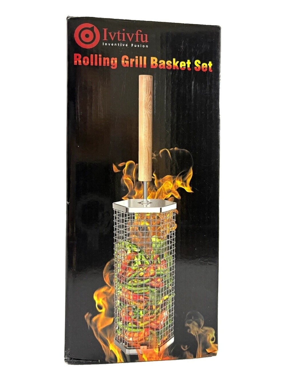 Ivtivfu Rolling Grill Basket Set 2-Piece Stainless Steel Reusable Large Silver